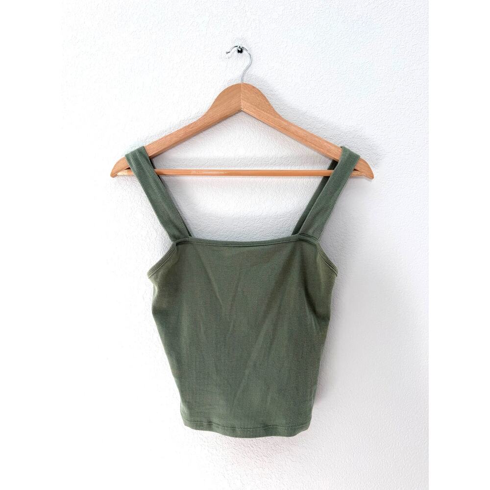 American Eagle Olive Green Ribbed Square Neck Cropped Tank Top Size L